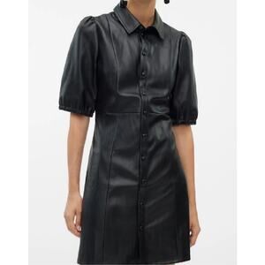 Lime Faux Leather Mini Dress  Black Minimalist A Line Puff Sleeve Collared XS